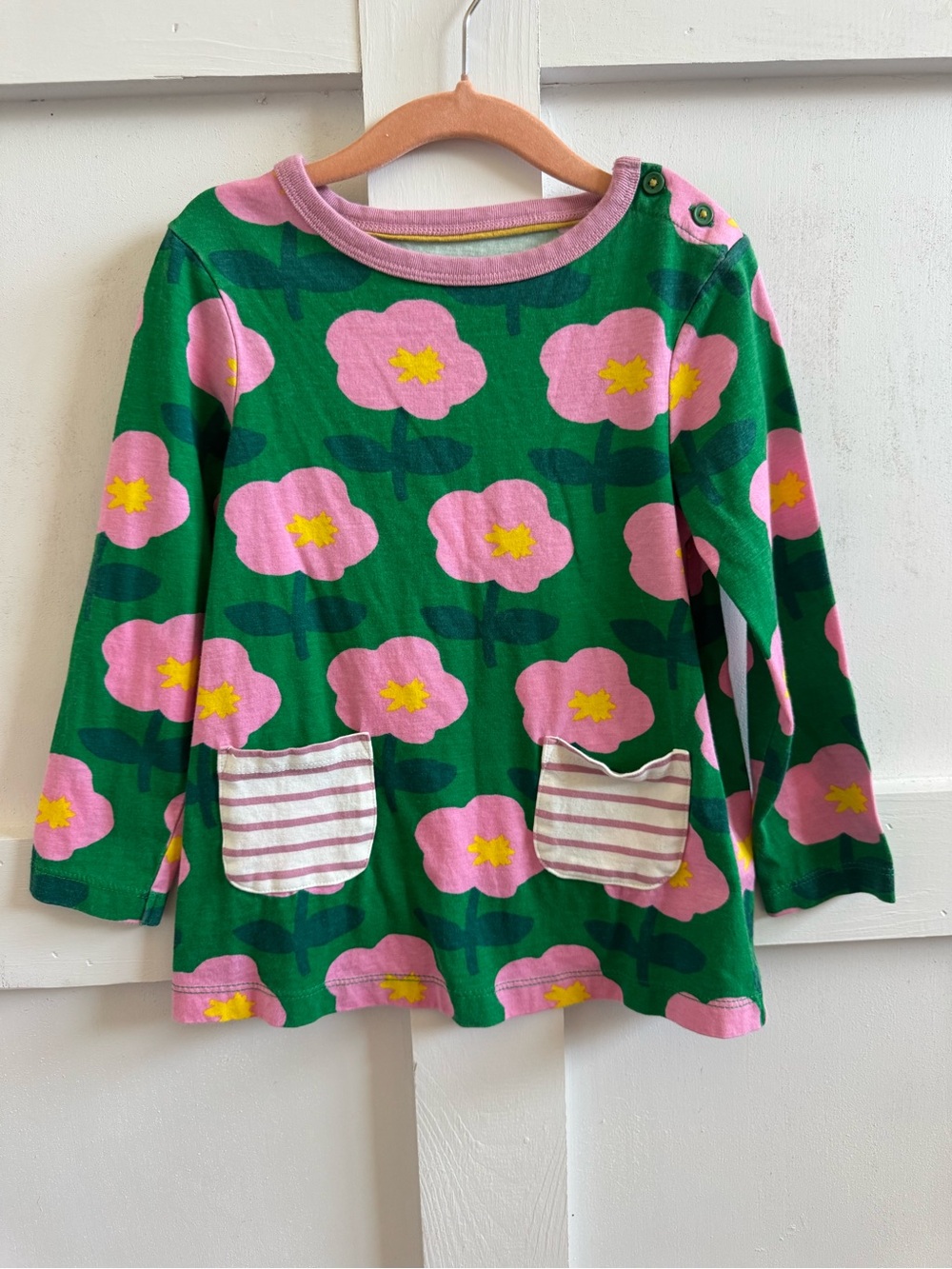 Mini Boden Green Long-Sleeve Top with Pink Flower Print
